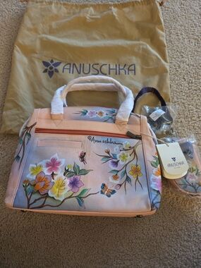 Anuschka Light Peach Hand-Painted Floral Satchel with Multicolor Accents